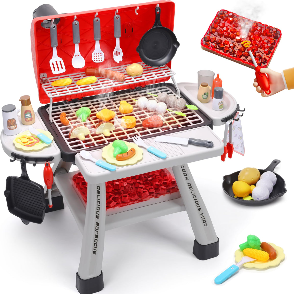 CUTE STONE Kids BBQ Grill Playset Kitchen Toy Set Realistic Smoke Toy BBQ Grill Playset with Toy Grill Toy Kitchen Accessories Indoor Outdoor Interactive Pretend Play Toys for Boys Girls 23.6" H